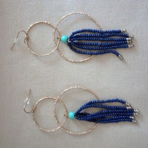 Two Gold tone Interlinked Hoops with Blue Beaded Tassel Pierced Earrings